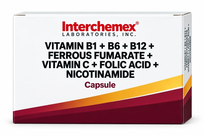 Proposed packaging design for Vitamin B1 + B6 + B12 + Ferrous Fumarate + Vitamin C + Folic Acid + Nicotinamide, capsule